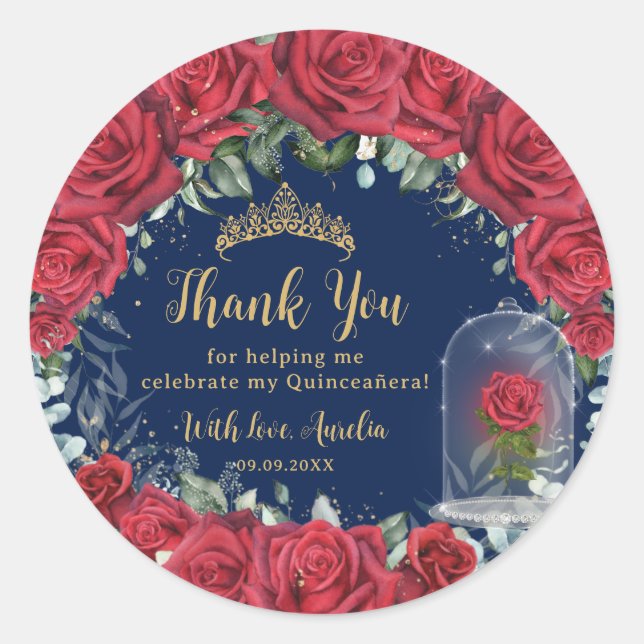 Quinceañera Red Floral Enchanted Rose Navy Classic Round Sticker (Front)