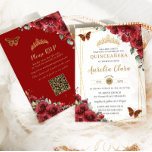 Quinceañera Red Floral Gold Butterflies QR RSVP Invitation<br><div class="desc">Personalise this lovely quinceañera invitation with your own wording easily and quickly. Simply click the Edit Using Design Tools button to further edit the text, wording, font style, font size, font colour, add more text, move or remove some images. The butterflies and crown are moveable, resizable, multipliable and removable. Customise...</div>
