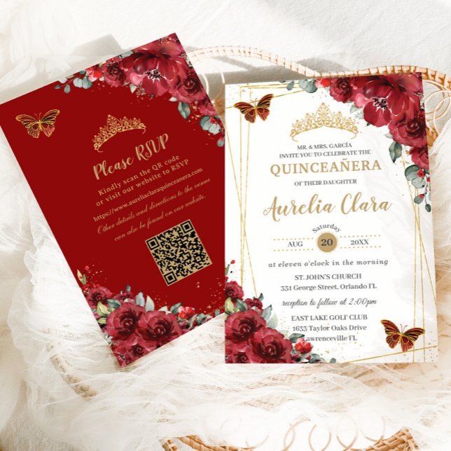 Quinceañera Red Floral Gold Butterflies QR RSVP Invitation (Creator Uploaded)