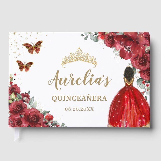 QUINCEAÑERA Red Floral Roses Brown Princess Dress Guest Book (Front)