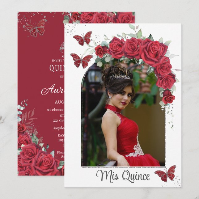 Quinceañera Red Floral Roses Butterflies Photo Invitation (Front/Back)