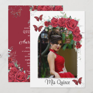 Quinceañera Red Floral Roses Butterflies Photo Invitation