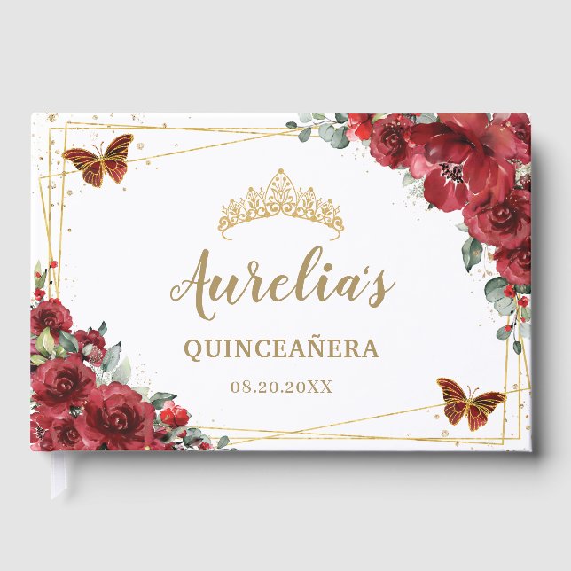 QUINCEAÑERA Red Floral Roses Gold Butterflies Guest Book (Front)