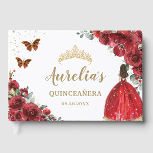 QUINCEAÑERA Red Floral Roses Princess Butterflies  Guest Book