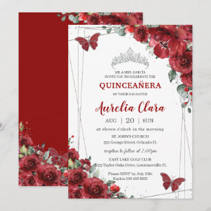 Quinceañera Red Flowers Floral Silver Butterfly Invitation