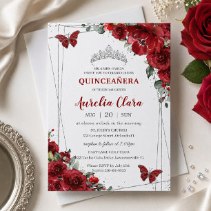 Quinceañera Red Flowers Floral Silver Butterfly Invitation