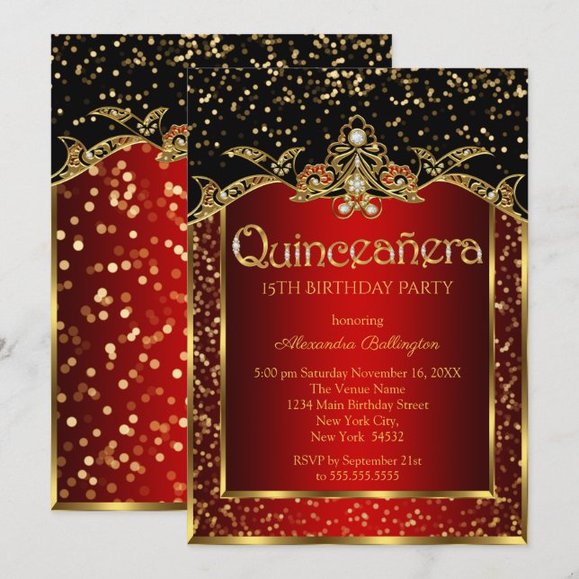 Quinceanera Red Gold Black Birthday Party Invitation (Front/Back)