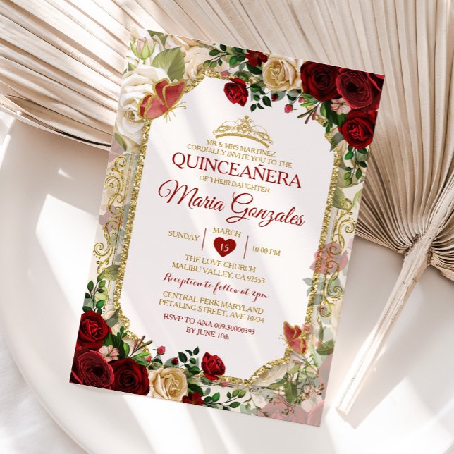 Quinceañera Red & Gold Crown Mexican Butterfly Invitation (Creator Uploaded)