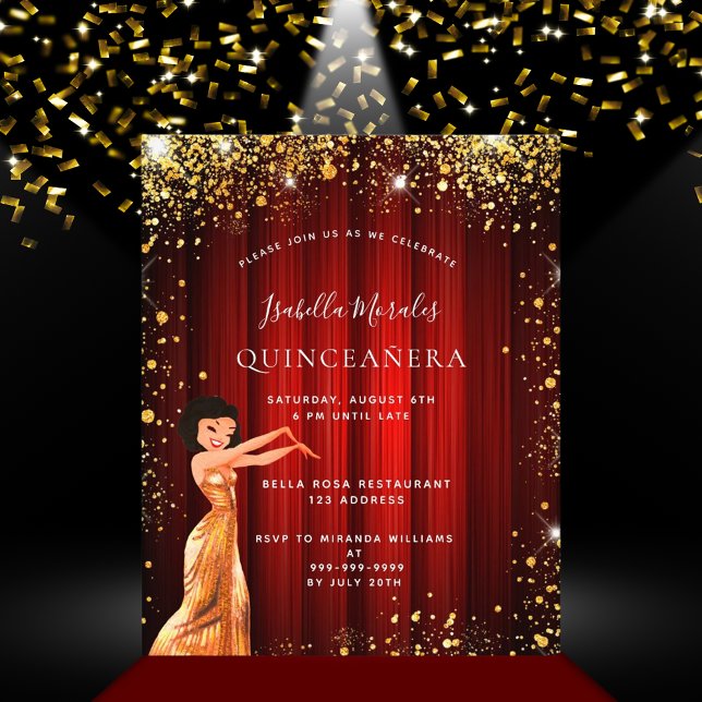 Quinceanera red gold dress budget invitation flyer (Creator Uploaded)