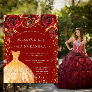 Quinceanera red gold dress floral invitation