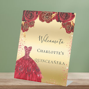 Quinceanera red gold dress floral welcome pedestal sign