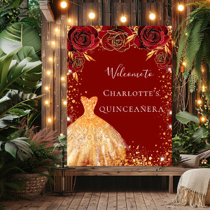 Quinceanera red gold dress floral welcome sign