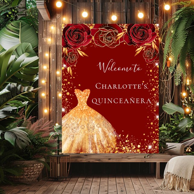 Quinceanera red gold dress floral welcome sign (Creator Uploaded)