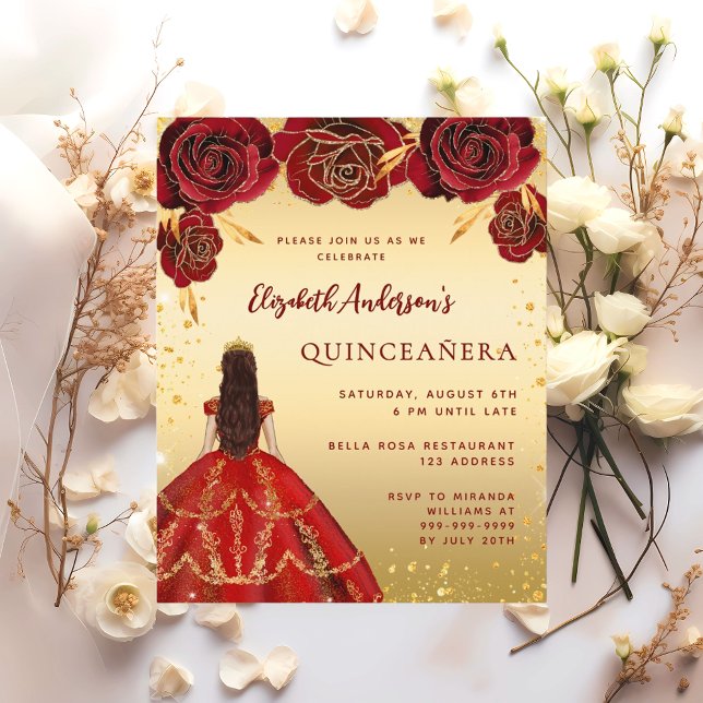 Quinceanera red gold dress florals invitations (Creator Uploaded)