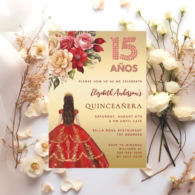 Quinceanera red gold dress florals roses invitation (Creator Uploaded)