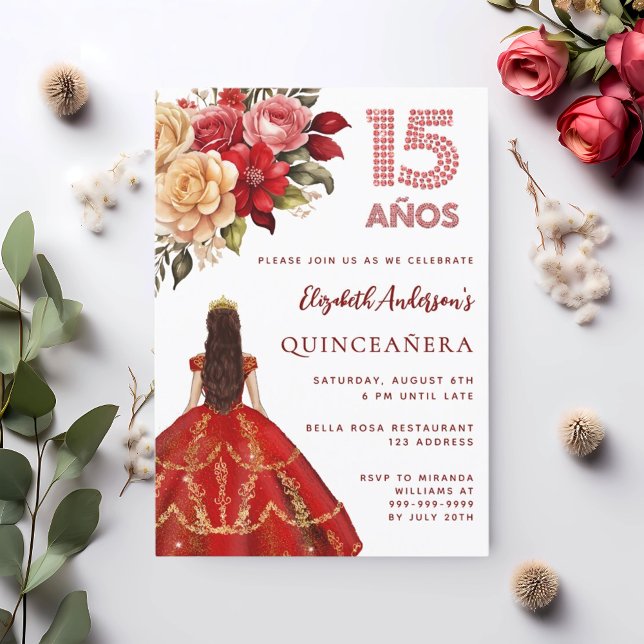 Quinceanera red gold dress florals roses white invitation (Creator Uploaded)