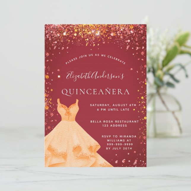 Quinceanera red gold dress glitter invitation (Standing Front)