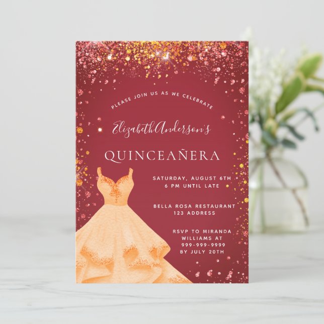 Quinceanera red gold dress glitter invitation (Standing Front)