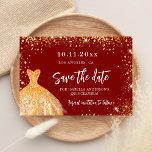 Quinceanera red gold dress glitter party save the date<br><div class="desc">A girly and trendy Save the Date for a Quinceañera,  15th birthday party. A red background decorated faux gold glitter sparkles and a golden dress. Personalise and add a date and name/age. The text: Save the Date is written with a large trendy hand lettered style script.</div>