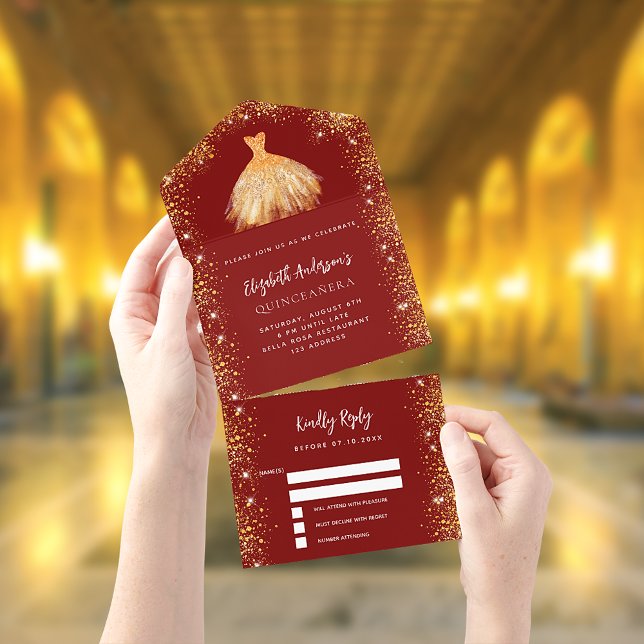 Quinceanera red gold dress glitter RSVP All In One Invitation (Creator Uploaded)