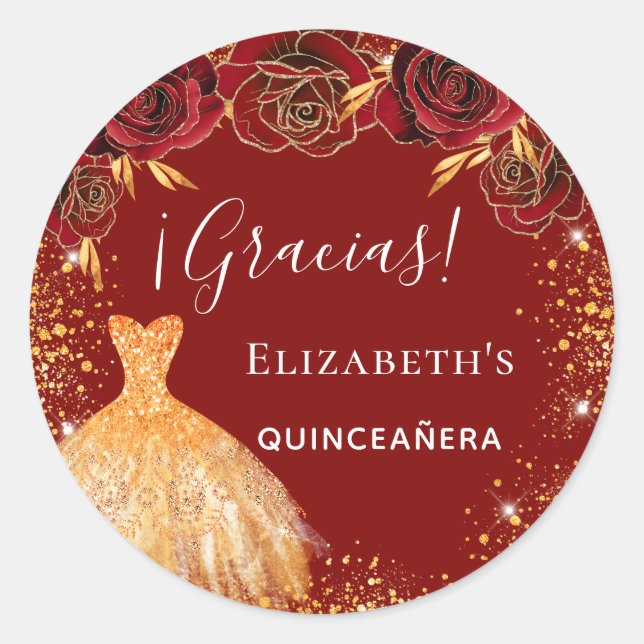 Quinceanera red gold dress gracias classic round sticker (Front)