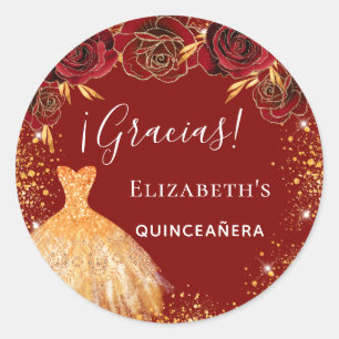 Quinceanera red gold dress gracias classic round sticker