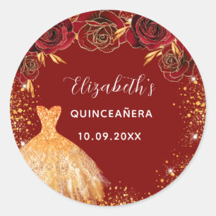 Quinceanera red gold dress name glam classic round sticker