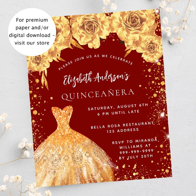 Quinceanera red gold dress rose budget invitation flyer (Creator Uploaded)