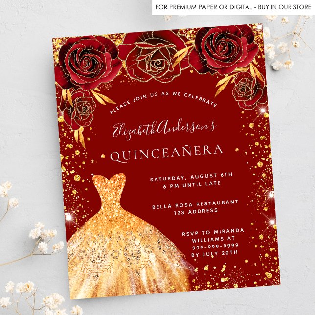 Quinceanera red gold dress social media invitation (Creator Uploaded)