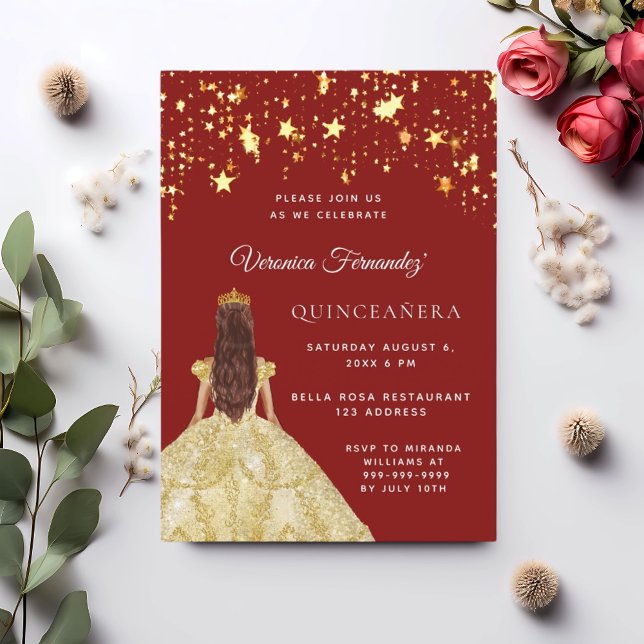 Quinceanera red gold dress stars invitation (Creator Uploaded)