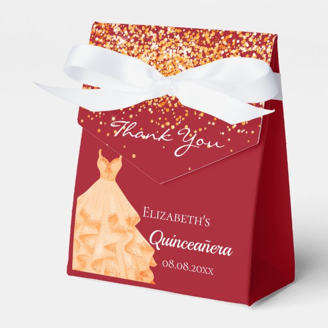 Quinceanera red gold dress thank you favour box (Front Side)