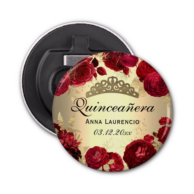 Quinceanera Red Gold Floral Roses Tiara Custom Bottle Opener (Front)