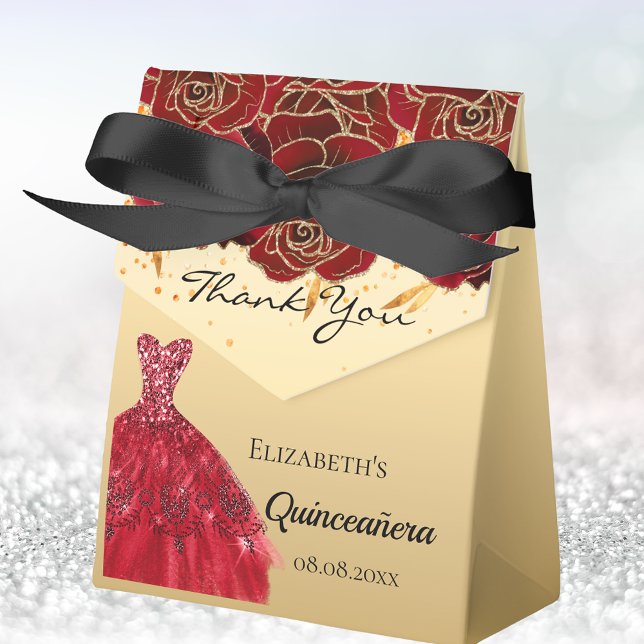 Quinceanera red gold florals dress thank you favour box (Creator Uploaded)