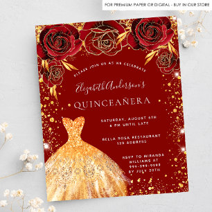 Quinceanera red gold glitter dress floral budget flyer