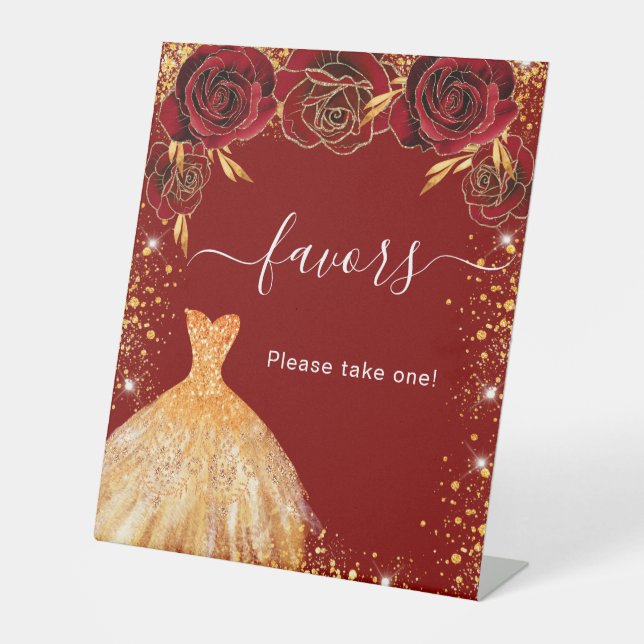 Quinceanera red gold glitter dress floral favours pedestal sign (Front)