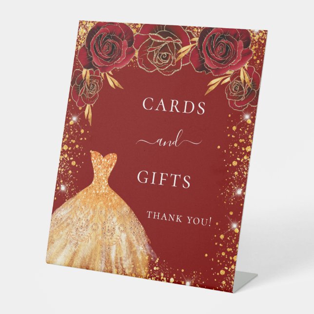 Quinceanera red gold glitter dress floral gifts pedestal sign (Front)