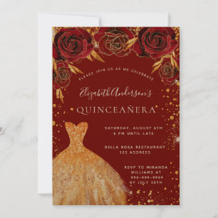 Quinceanera red gold glitter dress floral luxury invitation