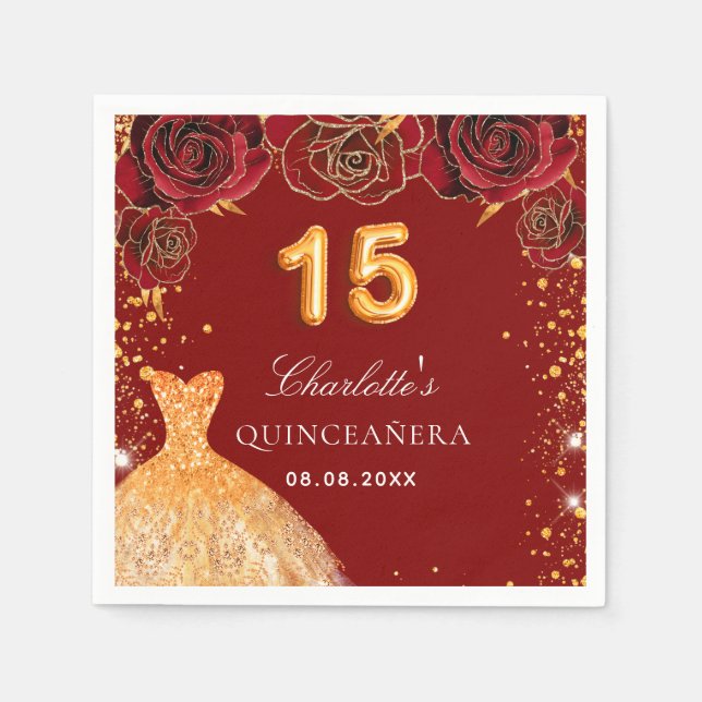 Quinceanera red gold glitter dress floral napkin (Front)