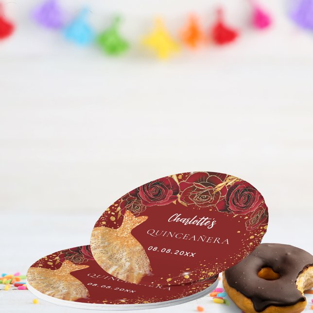 Quinceanera red gold glitter dress floral paper plate (Creator Uploaded)