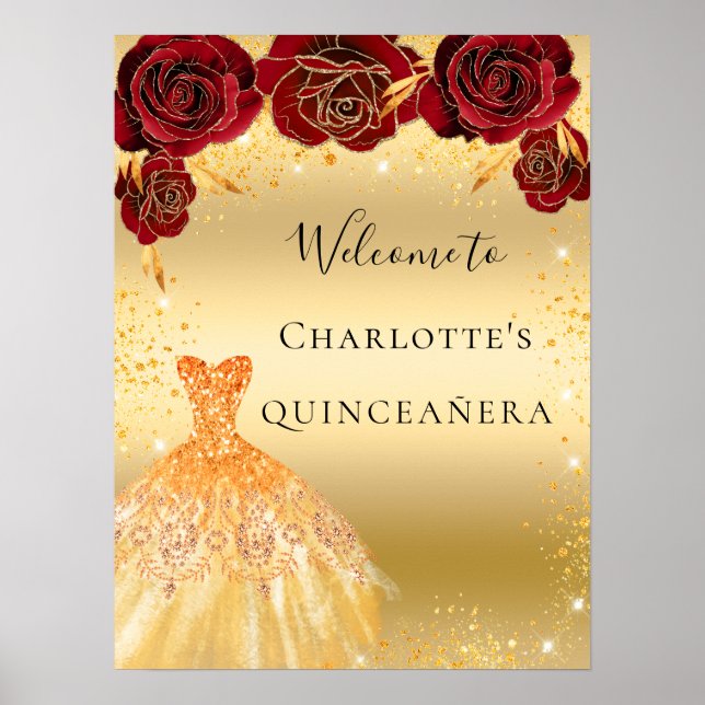 Quinceanera red gold glitter dress floral welcome poster (Front)