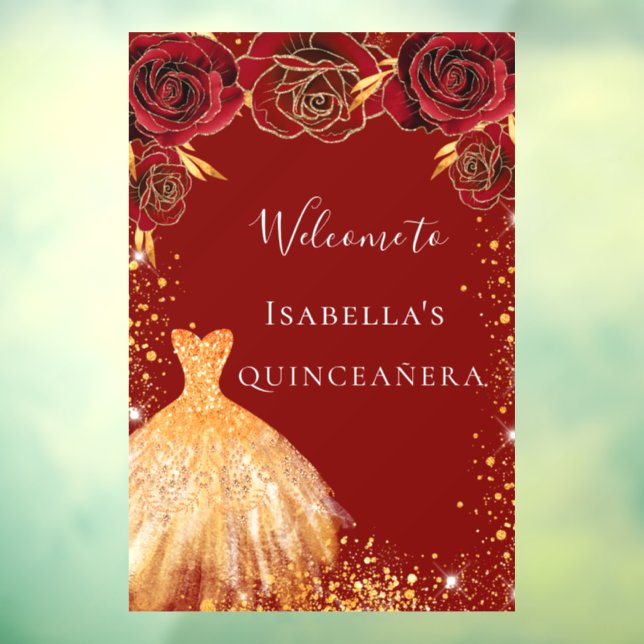 Quinceanera red gold glitter dress floral welcome window cling (Sheet 3)