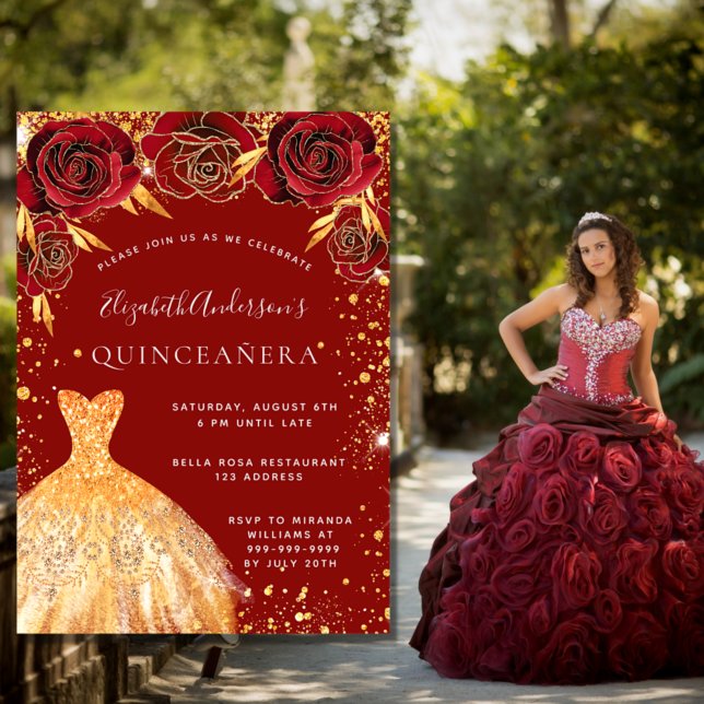 Quinceanera red gold glitter dress florals invitation (Creator Uploaded)