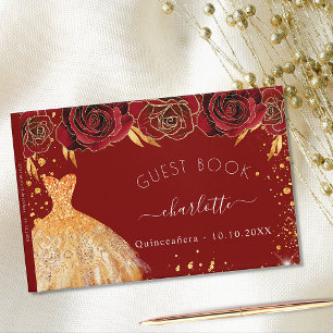 Quinceanera red gold glitter dress flowers  guest book