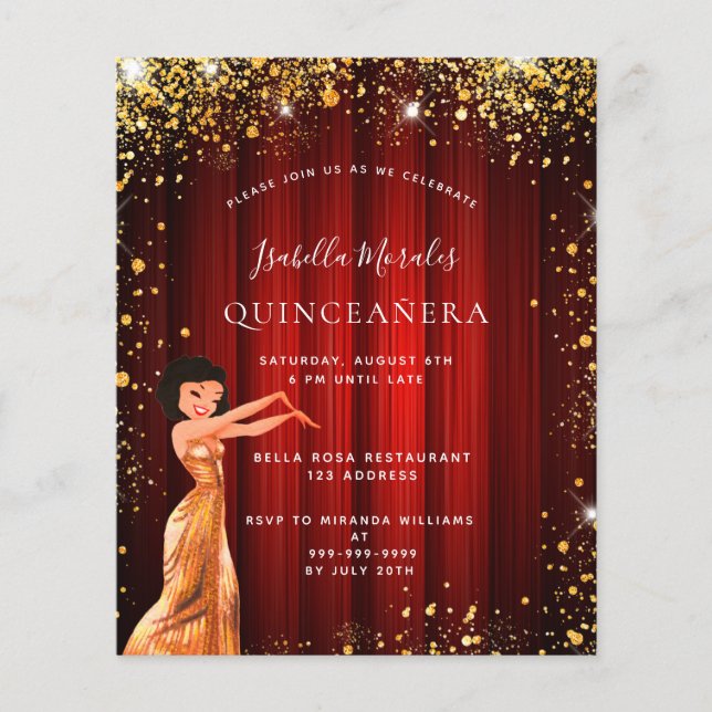 Quinceanera red gold glitter dress invitation (Front)