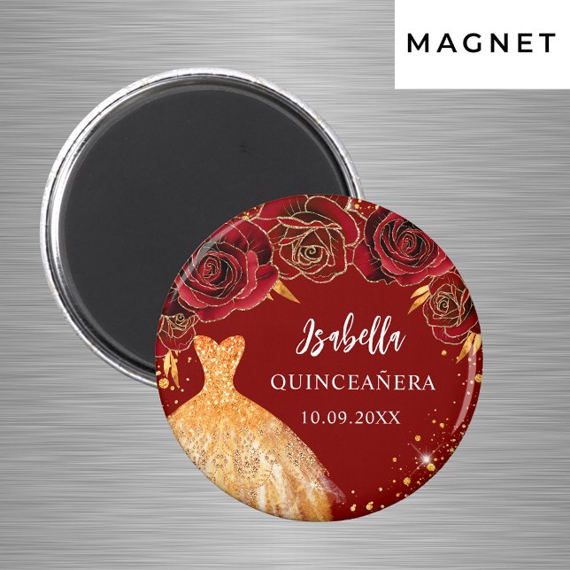 Quinceanera red gold glitter dress name magnet (Creator Uploaded)
