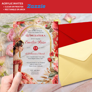 Quinceañera Red Gold Mis Quince Dress Flowers Acrylic Invitations
