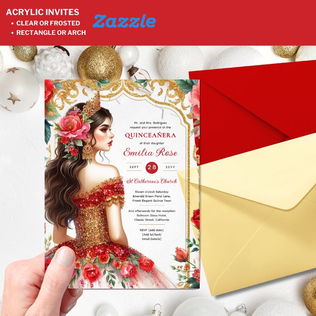 Quinceañera Red Gold Mis Quince Dress Flowers Acrylic Invitations (Creator Uploaded)