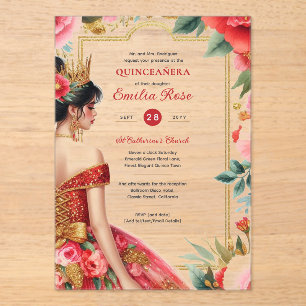 Quinceañera Red Gold Mis Quince Dress Flowers Acrylic Invitations