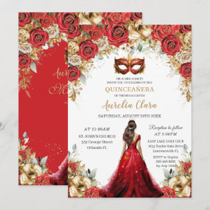 Quinceañera Red Gold Roses Floral Masquerade Ball Invitation