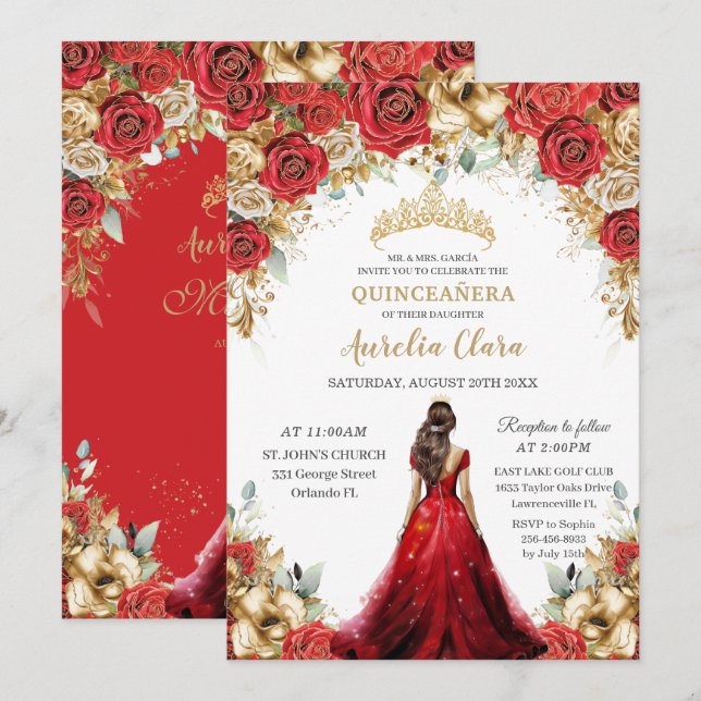 Quinceañera Red Gold Roses Floral Princess Dress Invitation (Front/Back)